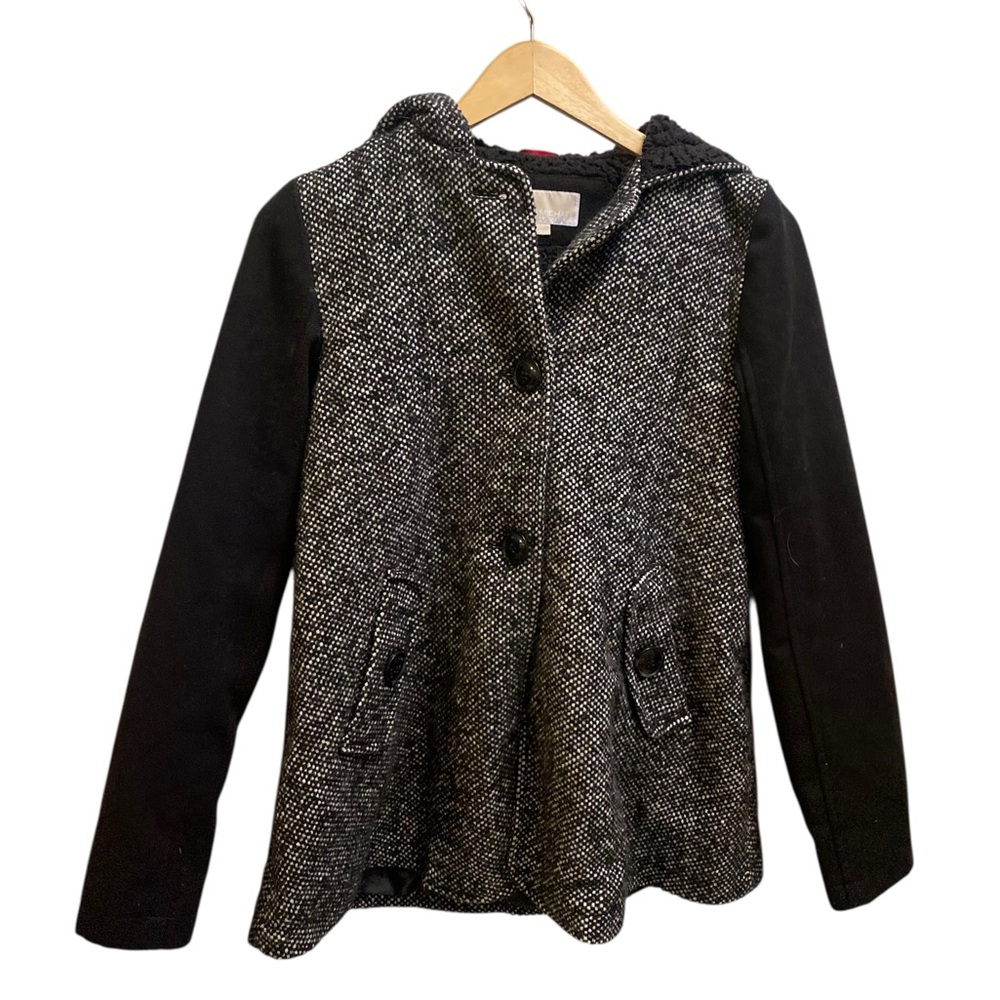 MICHAEL KORS Girls Black Checked Wool Blend Fleece Lined Hood Winter Coat